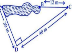 Rohan wants to measure the distance of a pond during the visit to his native. He marks points A and B on the opposite edges of a pond as shown in the figure below. To find the distance between the points, he makes a right-angled triangle using rope connecting B with another point C are a distance of 12m, connecting C to point D at a distance of 40m from point C and the connecting D to the point A which is are a distance of 30m from D such the ∠ADC=900. What is the distance AC?